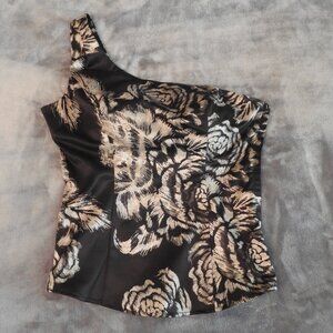 Guess One Shoulder Metallic Floral Sleeveless Top, Large